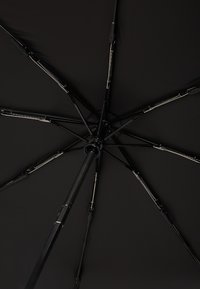 Black umbrella viewed from underneath, featuring eight ribs, a central pole, and a glossy finish with metallic accents on the ribs.