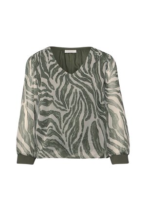Lekka bluzka z oliwkowo-zielonymi i kremowymi abstrakcyjnymi paskami zebry, dekolt w serek, przezroczyste długie rękawy i dopasowane mankiety.