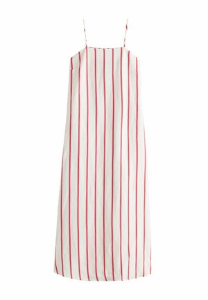 Vestido midi blanco sin mangas con delgadas rayas verticales rojas y tirantes estrechos, corte recto y diseño sencillo.