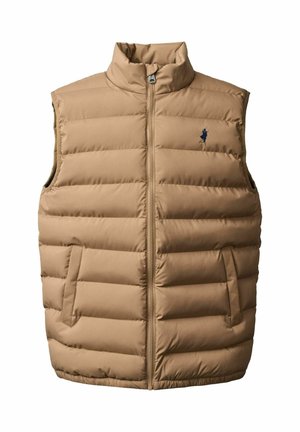 Béžová prešívaná vesta s vysokým golierom, zapínaním na zips a bočnými vreckami. Má horizontálne prešívané časti a malú vyšívanú logo značku.