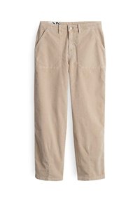 Pantalon beige avec fermeture par bouton et fermeture éclair, deux grandes poches avant, passants de ceinture et coupe droite.