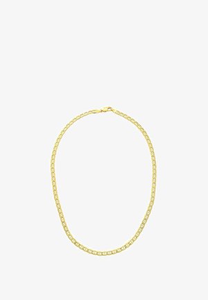 Kollane metallketi kaelakee, millel on üksteisega ühendatud lingid, sile viimistlus ja turvaline lukk. Lihtne disain, ühtlaselt jaotatud.