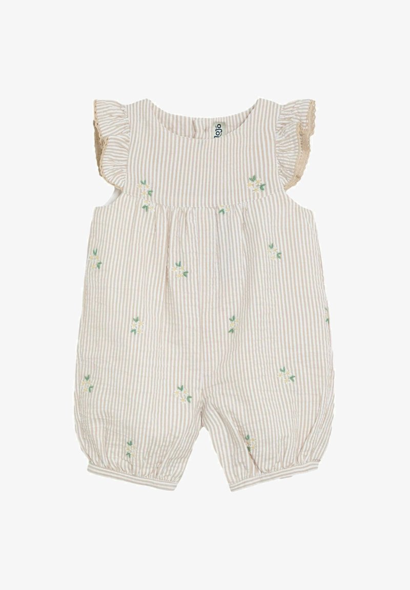 Prugasto tkaninsko kombinezon z kratkimi nabranimi rokavi, okrašen s cvetličnim vezenjem v rumeni in zeleni barvi. Mehka, lahka bombažna tkanina.