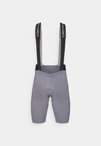 Gray cycling shorts with black suspenders. The fabric has a smooth texture with reinforced stitching and a padded insert for comfort.