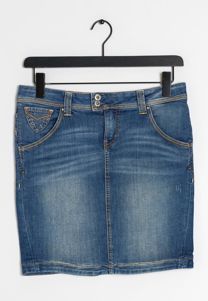 Denim skirt in dark blue with faded areas, five pockets, two button closure, and gold stitching details. Hangs from a black hanger.
