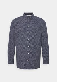 Herenoverhemd met lange mouwen in marineblauw met wit geometrisch patroon, knoopsluiting, knoopkraag en subtiel logodetails bij de zoom.