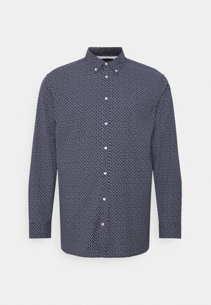 Pánská košile s dlouhým rukávem v námořnické modři s bílým geometrickým vzorem, límcem na knoflíky, předními knoflíky a decentním logem na lemu.