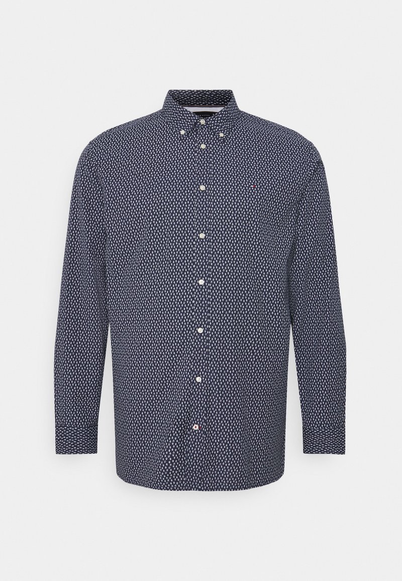 Herenoverhemd met lange mouwen in marineblauw met wit geometrisch patroon, knoopsluiting, knoopkraag en subtiel logodetails bij de zoom.