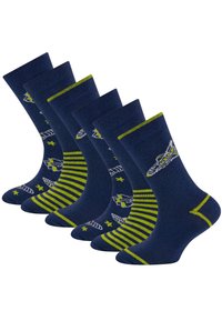 Fünf Paar marineblaue Socken mit Flugzeugdesigns und grünen Akzenten; zwei Paare mit gestreiften Mustern, weichem Material und gerippten Bündchen.