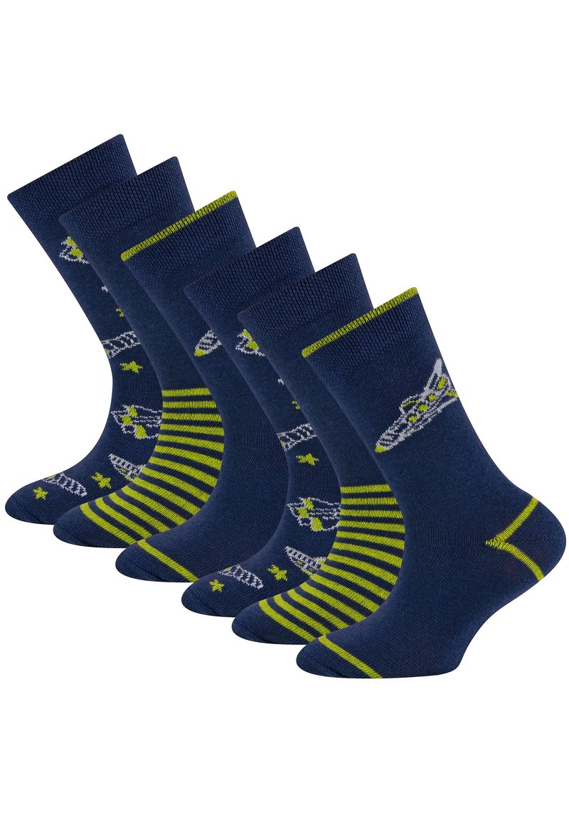 Fünf Paar marineblaue Socken mit Flugzeugdesigns und grünen Akzenten; zwei Paare mit gestreiften Mustern, weichem Material und gerippten Bündchen.