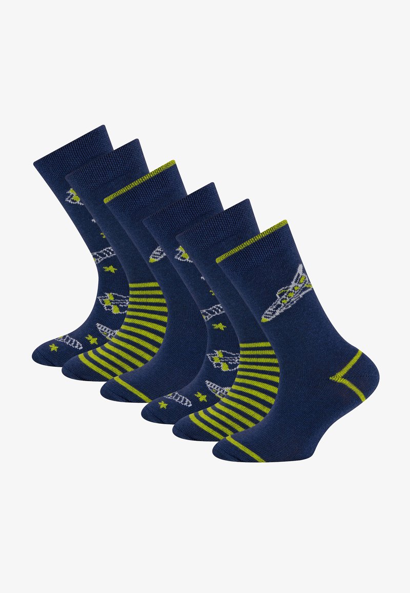 Pieci pāri tumši zilu zeķu ar lidmašīnu dizainiem un zaļiem akcentiem; divi pāri ar svītrainiem rakstiem, mīksta tekstūra un ribotām malām.