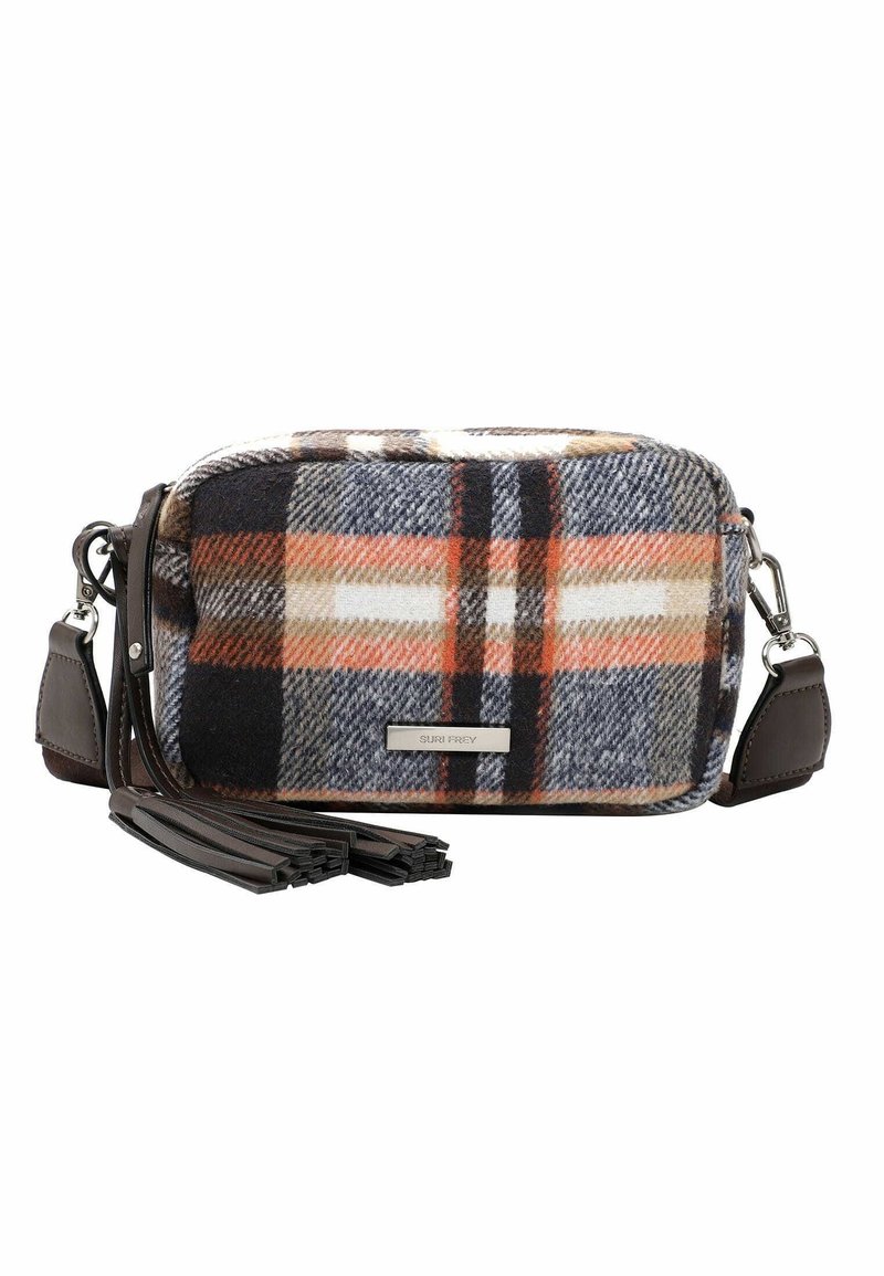 Károvaná crossbody taška z vlněné směsi má vzory v námořnické modré, oranžové a béžové barvě, hnědé kožené detaily a zipové zavírání s třásněmi.