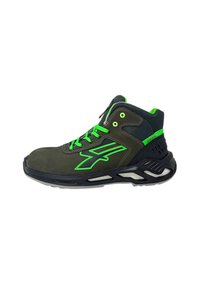 Scarpe da ginnastica alte verde e nere con tomaia in materiale sintetico, dettagli in rete, suola spessa e lacci verdi a contrasto. Logo distintivo sul lato.