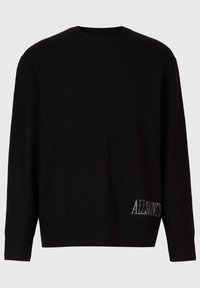 Czarny sweter z wełny z okrągłym dekoltem, długimi rękawami oraz wyszywanym na szaro logo "ALLSAINTS" na dolnej lewej stronie.
