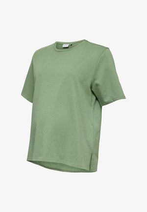 Lysegrøn kortærmet T-shirt med rund hals, sideslidser og løs pasform, vist mod en hvid baggrund.