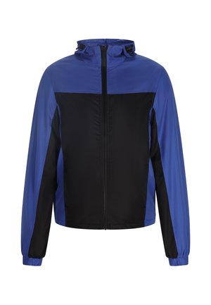 Giacca leggera blu e nera con cappuccio, chiusura frontale con zip, polsini elastici e pannelli a contrasto sulle spalle e ai lati.