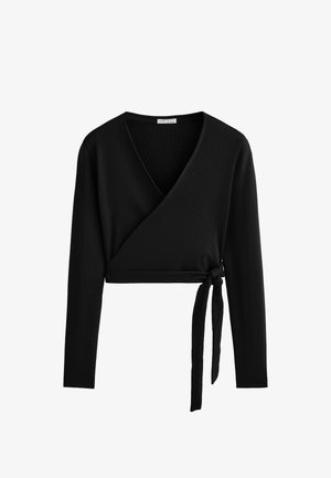 Top avvolgente nero a maniche lunghe realizzato in tessuto a costine, con scollatura a V profonda e dettaglio di legatura laterale per una vestibilità regolabile.