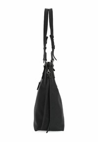 Schwarze Leder-Umhängetasche mit verstellbaren Doppelriemen, Reißverschluss und dekorativen Lederquasten, seitlich vor einem weißen Hintergrund gezeigt.