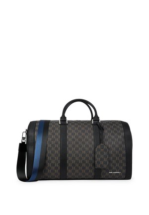 Svart lær duffelbag med brunt houndstooth-mønster, blå stripe, doble håndtak, justerbar stropp og bagasjelapp. Logo på siden.