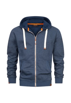 Marineblaue Reißverschluss-Hoodie mit strukturiertem Design, kontrastierenden orangefarbenen Akzenten an der Kapuze und den Kordeln. Verfügt über Fronttaschen und gerippte Bündchen.