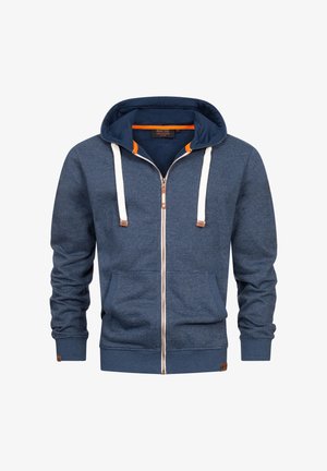 Navy blue zip-up hoodie with a textured design, contrasting orange accents on the hood, and drawstrings. Features front pockets and ribbed cuffs.