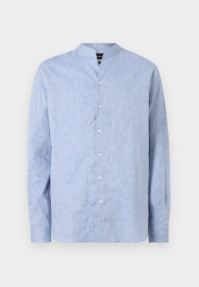 Light blue button-up shirt with a band collar, featuring a subtle pattern, long sleeves, and white buttons. Made from a soft fabric.