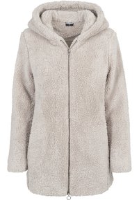 Felpa beige, morbida, con zip, realizzata in pelliccia sintetica, dotata di cappuccio foderato, maniche lunghe e dettagli in metallo argentato sulla cerniera. Texture liscia.