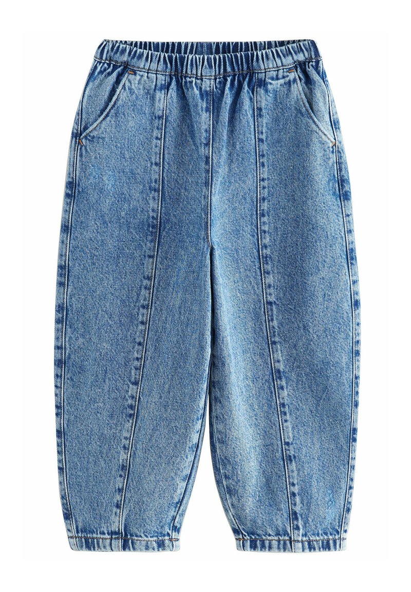 Ljusblå denimbyxor med elastisk midja, fyra fickor, avslappnad passform och synliga sömnadsdetaljer längs sömmarna.