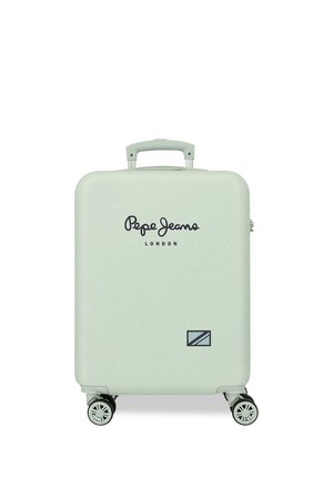 Maleta rígida verde menta con cuatro ruedas giratorias, asa telescópica y el logo "Pepe Jeans London" en el frente.