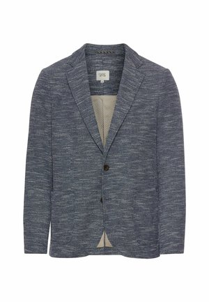 Blazer bleu marine en tissu texturé, avec deux poches avant, fermeture à un bouton, et une doublure de couleur claire contrastante.
