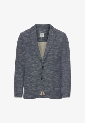 Marineblaues Blazer aus strukturiertem Stoff, mit zwei Fronttaschen, einem Einzelknopfverschluss und einem kontrastierenden hellen Futter.