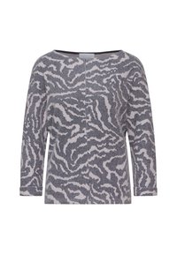 Graues und weißes Langarmshirt mit strukturiertem Zebra-Muster und weitem Ausschnitt. Aus einem weichen, leichten Stoff gefertigt.