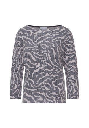 Grijze en witte lange mouwen top met een gemêleerd zebra-patroon en een ruime halslijn. Gemaakt van een zachte, lichte stof.