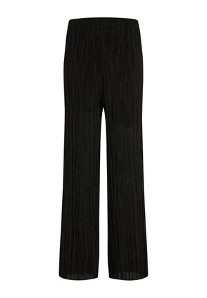 Pantalones negros de pierna ancha con un diseño plisado texturizado y una cintura elástica, confeccionados con una tela ligera y transpirable.