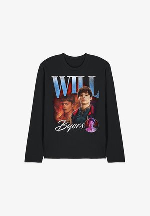 Black long-sleeve t-shirt featuring a printed graphic of two characters with "WILL" and "Byers" text, in various colors and styles.