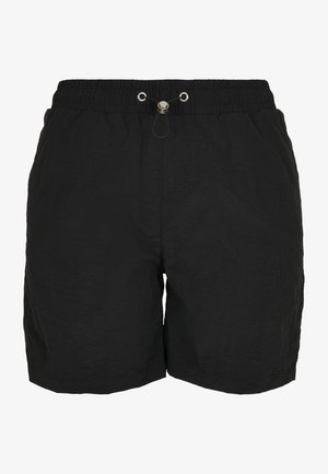 Pantalones cortos negros con cintura elástica y cordón, hechos de una tela ligera, con una textura arrugada y sin bolsillos visibles.