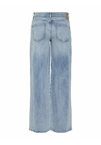 Light blue wide-leg jeans made of denim. Features a high waist, two back pockets, and a faded finish with white stitching.