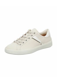 Beige Leder-Sneaker mit strukturiertem Obermaterial, weißen Akzenten und gemusterten Schnürsenkeln. Abgerundete Zehenform und Gummisohle. Minimalistisches Design.