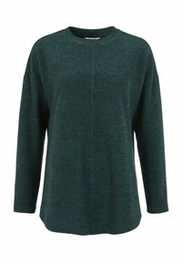 Dunkelgrüner Pullover mit langen Ärmeln und rundem Ausschnitt, weicher Textur und leicht lässiger Passform. Mit einer nahtlosen Vorderseite.