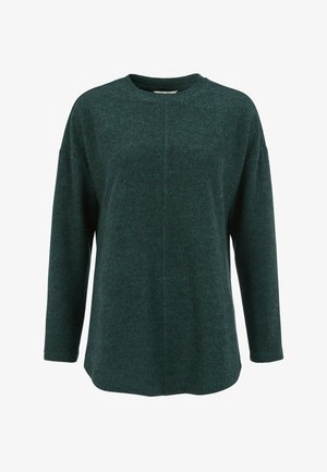 Mørkegrøn langærmet sweater med rund halsudskæring, blød tekstur og en let afslappet pasform. Har en detalje med en søm foran.