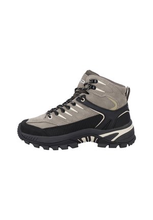 Scarponcino da trekking grigio e nero con suola robusta, alto supporto alla caviglia e chiusura con lacci, progettato per l'utilizzo su sentieri all'aperto.