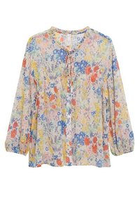 Blouse à manches longues avec lien au col, présentant un motif floral coloré en bleu, jaune, orange et vert sur fond clair.
