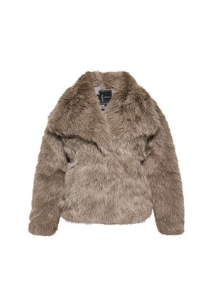 Chaqueta de pelaje sintético en taupe claro, con un gran cuello, mangas largas y una superficie suave y texturizada con un diseño de corte relajado.