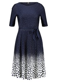 Námořnické šaty s krátkými rukávy, kulatým výstřihem a zavázaným pasem. Představují gradient bílé puntíky od vrchu dolů. Elastický materiál.