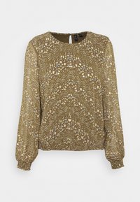 Langärmlige Bluse in Olivgrün mit einem floralen Muster in Creme, Blau und Gold. Sie hat einen Rundhalsausschnitt und einen elastischen Saum.