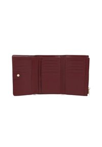 Portafoglio in pelle borgogna, con più scomparti per carte, un vano con zip e chiusura a bottone a pressione. Texture liscia, forma rettangolare.