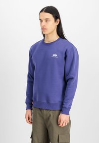 Lilla crewneck sweatshirt lavet af bomuld, med et lille hvidt logo på brystet, ribbede manchetter og en afslappet pasform. Bæret med olivengrønne cargoshort.