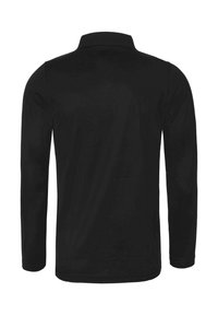 Czarna koszulka polo z długim rękawem i kołnierzykiem, wykonana z teksturowanej tkaniny. Posiada luźny krój z prostym dołem, bez widocznych zdobień.