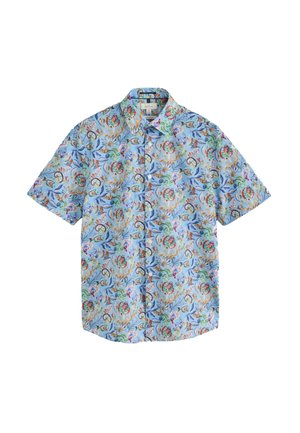 Light blue short-sleeve button-up shirt with colorful floral and leaf patterns in red, green, purple, and orange.