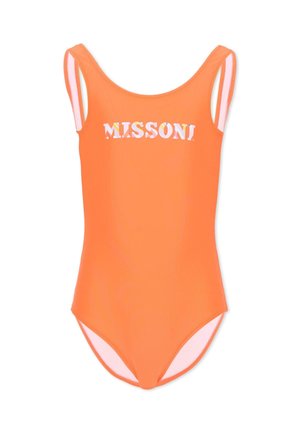 Costume intero arancione con doppie spalline e logo "MISSONI" in lettere bianche e rosa sul petto.
